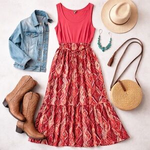 Boho Southwestern Aztec Maxi Dress Torrid Size 2 Plus Festival Tiered Coral A21